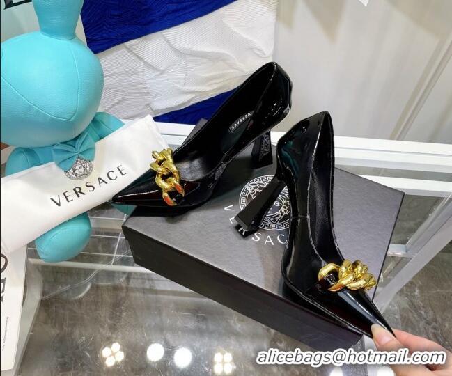 Good Product Versace Medusa Chain Patent Leather Pumps 9.5cm 9.5cm 081162 Black