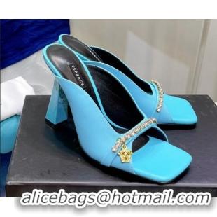 Low Cost Versace Le Medusa Charm Leather Mules Sandals Blue 081163