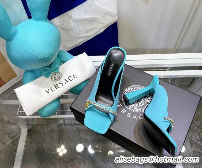 Low Cost Versace Le Medusa Charm Leather Mules Sandals Blue 081163