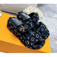 Sophisticated Louis Vuitton Jumbo Monogram Velvet Flatform Slide Sandals Black/White 111775