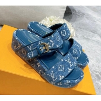 Luxury Louis Vuitton Jumbo Monogram Velvet Flatform Slide Sandals 111775 Blue