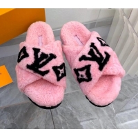 Best Grade Louis Vuitton Cross Strap Shearling Slide Sandals 117120 Pink