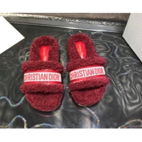 Fashion Dior Dway Flat Slide Sandals in Dark Red Embroidered Cotton and Shearling 111540