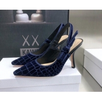 Best Luxury Dior J'Adior Slingback Pumps 9.5cm in Navy Blue Crocodile-Effect Embroidered Velvet 111574