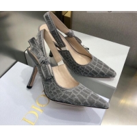 Unique Grade Dior J'Adior Slingback Pumps 9.5cm in Grey Crocodile-Effect Embroidered Velvet 111580