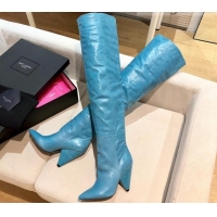 Best Grade Saint Laurent Nike Over-the-knee Boots in Shinny Calfskin 125051 Blue