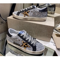 Custom Golden Goose Super-Star Sneakers in Silver Glitter and Black Leather With Leopard Print Star 105051