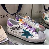 Good Product Golden Goose Super-Star Sneakers in White Leather with Graffiti and Purple Back 105060