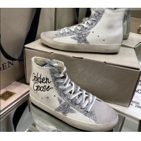 Custom Golden Goose Francy Sneakers in White Leather with Silver Glitter Star 105068