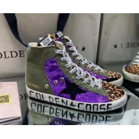 Top Quality Golden Goose Francy Sneakers in Army Green Canvas with Purple Sequin 105070