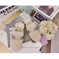 Low Cost Jimmy Choo Crystal Buckle Shearling Flat Mules Beige 1116100