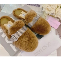 Unique Grade Jimmy Choo Crystal Buckle Shearling Flat Mules Brown 1116101