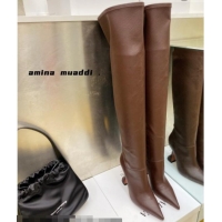 Luxurious Amina Muaddi Calfskin Over-Knee High Boots 9.5cm Brown 111211