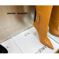 Purchase Amina Muaddi Calfskin Over-Knee High Boots 9.5cm Tan Brown 111214