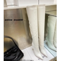 Low Price Amina Muaddi Calfskin Over-Knee High Boots 9.5cm White 111215