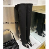 Sumptuous Amina Muaddi Lycra Over-Knee High Boots 9.5cm with Crystal Bow Black 111220