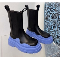 Luxury Bottega Veneta Tire Calfskin Mid-Calf Chelsea Boots Black/Light Blue 112048