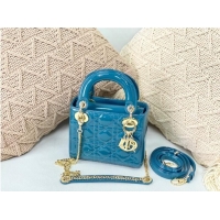 Inexpensive MINI LADY DIOR BAG Patent Cannage Calfskin M0566OW sky Blue&gold