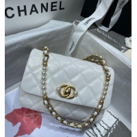 Discount Chanel SMALL FLAP BAG Calfskin Imitation Pearls & Gold-Tone Metal AS3000 white