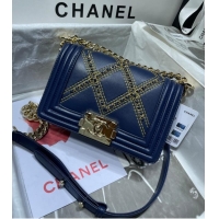 Promotional Small BOY CHANEL Handbag Crumpled Calfskin & Gold-Tone Metal A67085 dark blue