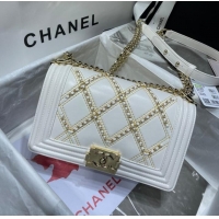 Promotional BOY CHANEL Handbag Crumpled Calfskin & Gold-Tone Metal A67086 white