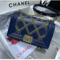 Promotional BOY CHANEL Handbag Crumpled Calfskin & Gold-Tone Metal A67086 dark blue