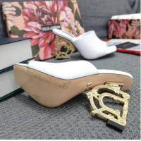 Low Price Dolce & Gabbana DG Calf Leather Slide Sandals 10.5cm 111515 White/Gold