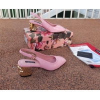 Best Luxury Dolce & Gabbana DG Patent Leather Slingback Pumps 6.5cm 111516 Light Pink/Gold