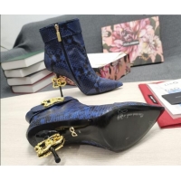 Luxury Cheap Dolce & Gabbana DG Snakeskin Print Leather Ankle Short Boots 10.5cm 111526 Blue