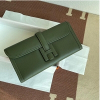 Good Quality Hermes Original jige swift Leather Clutch 37088 blackish green