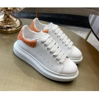 Discount Alexander Mcqueen White Silky Calfskin Crocodile-Like Back Sneakers Orange 111809