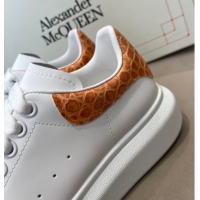 Discount Alexander Mcqueen White Silky Calfskin Crocodile-Like Back Sneakers Orange 111809