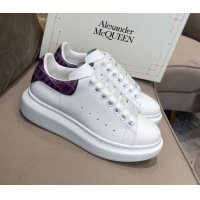 Unique Grade Alexander Mcqueen White Silky Calfskin Crocodile-Like Back Sneakers Purple 111812