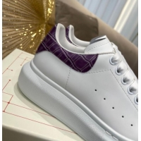 Unique Grade Alexander Mcqueen White Silky Calfskin Crocodile-Like Back Sneakers Purple 111812