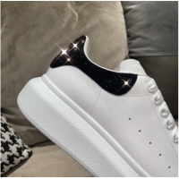 Low Price Alexander Mcqueen White Silky Calfskin Crystal Back Sneakers Black 111822