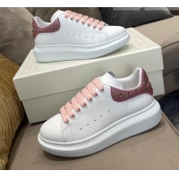 Custom Alexander Mcqueen White Silky Calfskin Crystal Back Sneakers Pink 111820