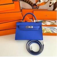 Top Quality Hermes Kelly 19cm Shoulder Bags Epsom Leather KL19 Silver hardware Electro optic blue