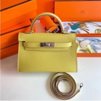 Luxury Cheap Hermes Kelly 19cm Shoulder Bags Epsom Leather KL19 Silver hardware lemon