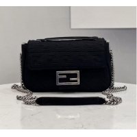 Luxury Cheap FENDI MIDI BAGUETTE CHAIN FF fabric bag 8BR793 black