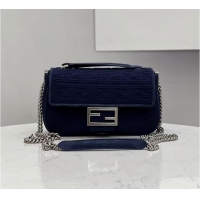 Inexpensive FENDI MIDI BAGUETTE CHAIN FF fabric bag 8BR793 dark blue