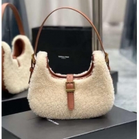 Good Product Yves Saint Laurent LE FERMOIR HOBO BAG IN MERINO SHEARLING 6726152 NATURAL BEIGE & BRICK