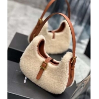 Good Product Yves Saint Laurent LE FERMOIR HOBO BAG IN MERINO SHEARLING 6726152 NATURAL BEIGE & BRICK