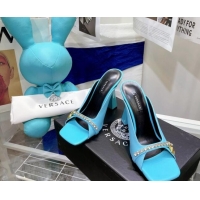 Low Cost Versace Le Medusa Charm Leather Mules Sandals Blue 081163