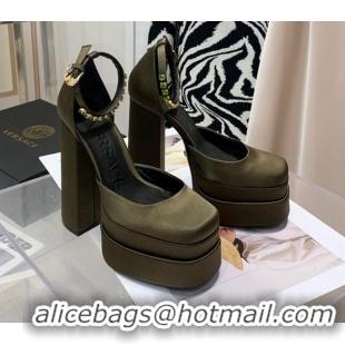 Top Quality Versace Medusa Aevitas Satin Platform Pumps 15cm Dark Green 112431