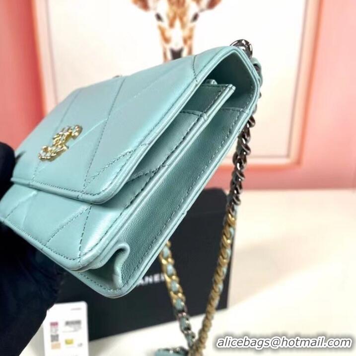 Buy Classic Chanel 19 Classic Sheepskin Leather Chain Wallet AP0957 sky blue