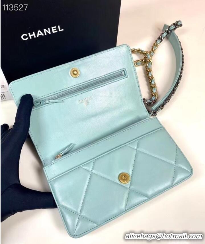 Buy Classic Chanel 19 Classic Sheepskin Leather Chain Wallet AP0957 sky blue