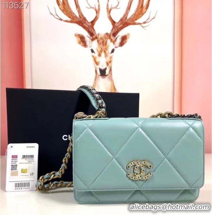 Buy Classic Chanel 19 Classic Sheepskin Leather Chain Wallet AP0957 sky blue