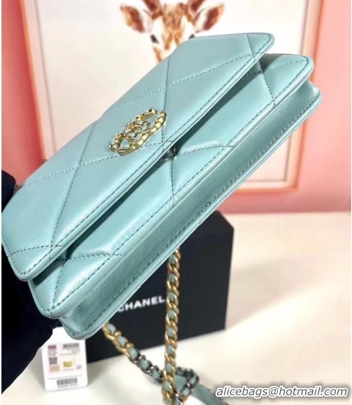 Buy Classic Chanel 19 Classic Sheepskin Leather Chain Wallet AP0957 sky blue