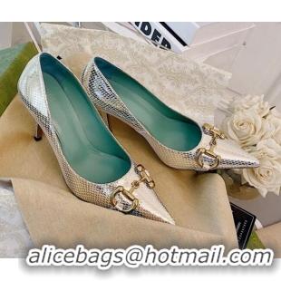 Good Taste Gucci Horsebit Snakeskin-Like Leather Pumps 8.5cm 111616 Silver