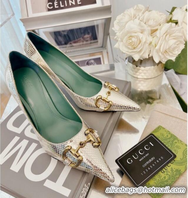 Good Taste Gucci Horsebit Snakeskin-Like Leather Pumps 8.5cm 111616 Silver